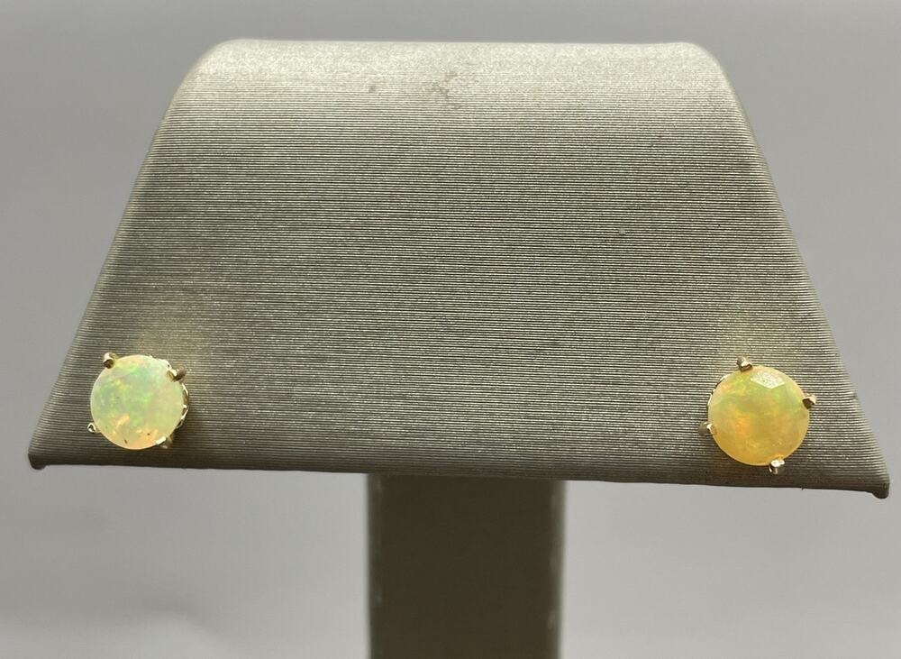 14k Yellow Gold Fancy Basket Synthetic Opal Stud Earrings (27460)